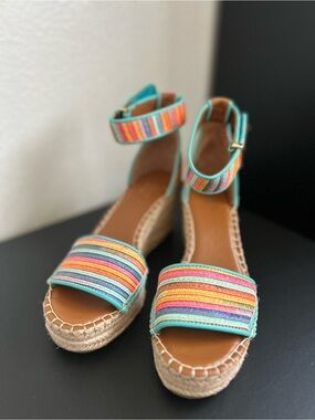 Franco Sarto Clemens Multicolor Striped Espadrille Wedge Sandals Size 7